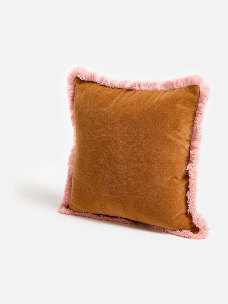 Oliver Bonas Orange Issey Light Velvet Fringed Cushion Cover 45x45cm - Image 1 of 5