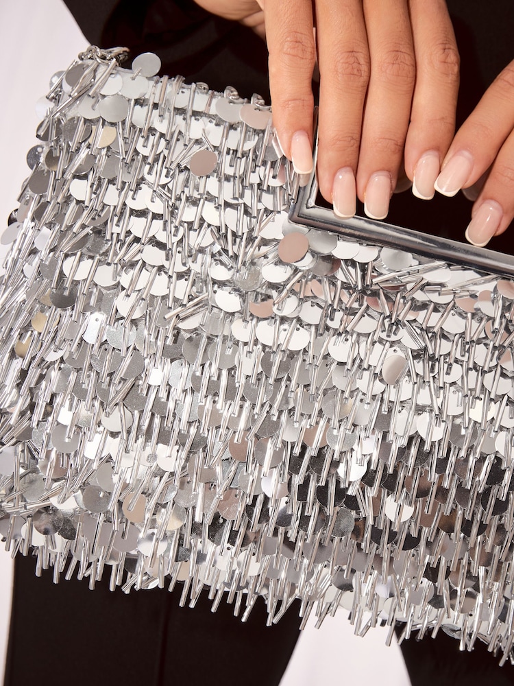 Lipsy Silver Sequin Top Handle Clutch Bag - Image 2 of 4