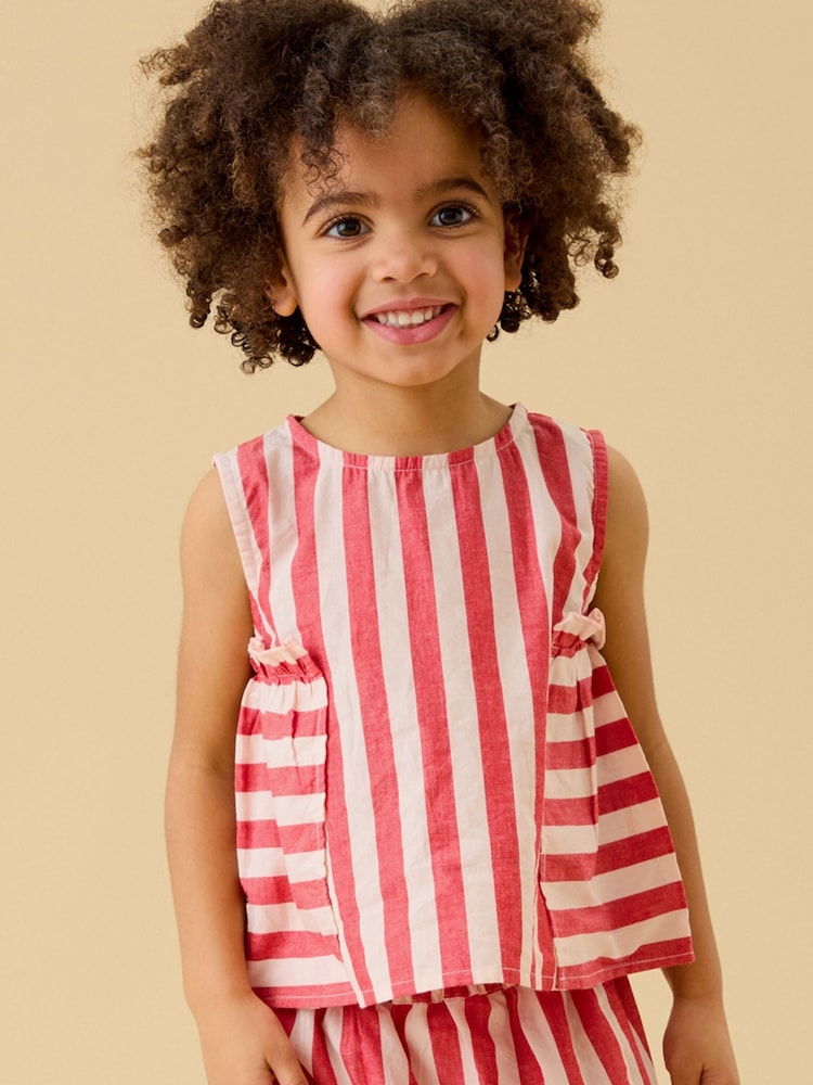 KIDLY by MORI Red Soft Cotton Poplin Frill Stripe Top - Image 1 of 3