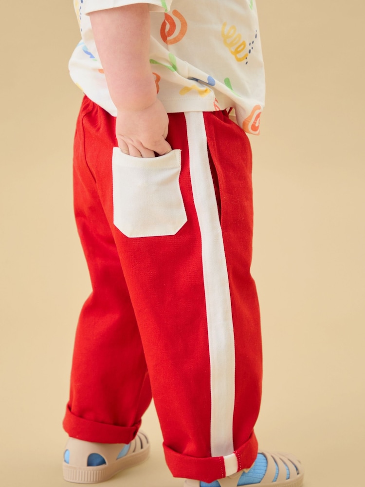 KIDLY by MORI Red Soft Cotton Side Stripe Relaxed Fit Trousers - Image 1 of 6