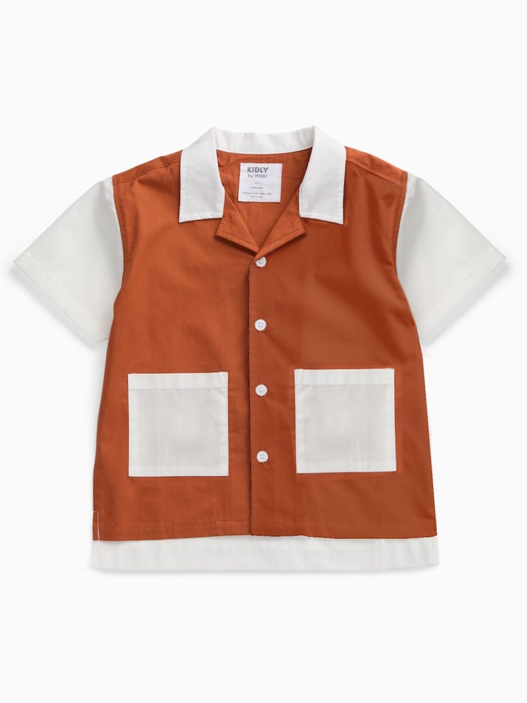 KIDLY by MORI Brown Soft Cotton Poplin Colour Block Shirt - Image 1 of 1