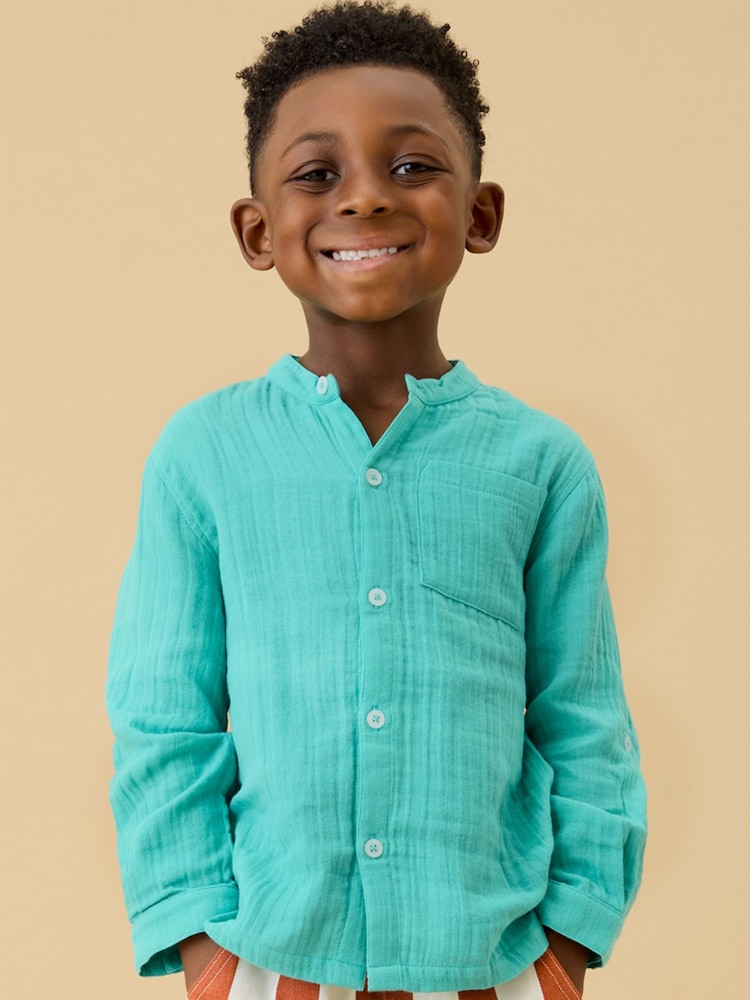 KIDLY by MORI Green Soft Cotton Muslin Shirt - Image 1 of 5