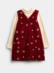 Jojo Maman Bébé Dark Red Floral Embroidered Cord Pinafore & Top - Image 1 of 6