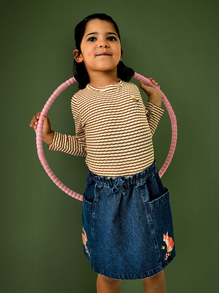 JoJo Maman Bébé Dark Blue Denim Fox & Squirrel Appliqué Denim Skirt & Rib Top - Image 1 of 7