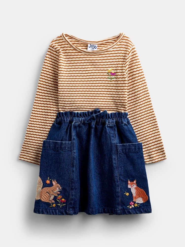 JoJo Maman Bébé Dark Blue Denim Fox & Squirrel Appliqué Denim Skirt & Rib Top - Image 2 of 7
