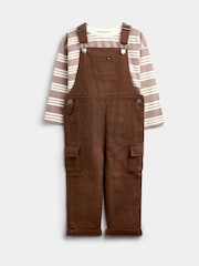 JoJo Maman Bébé Brown Stripe Top & Twill Dungaree Set - Image 1 of 5