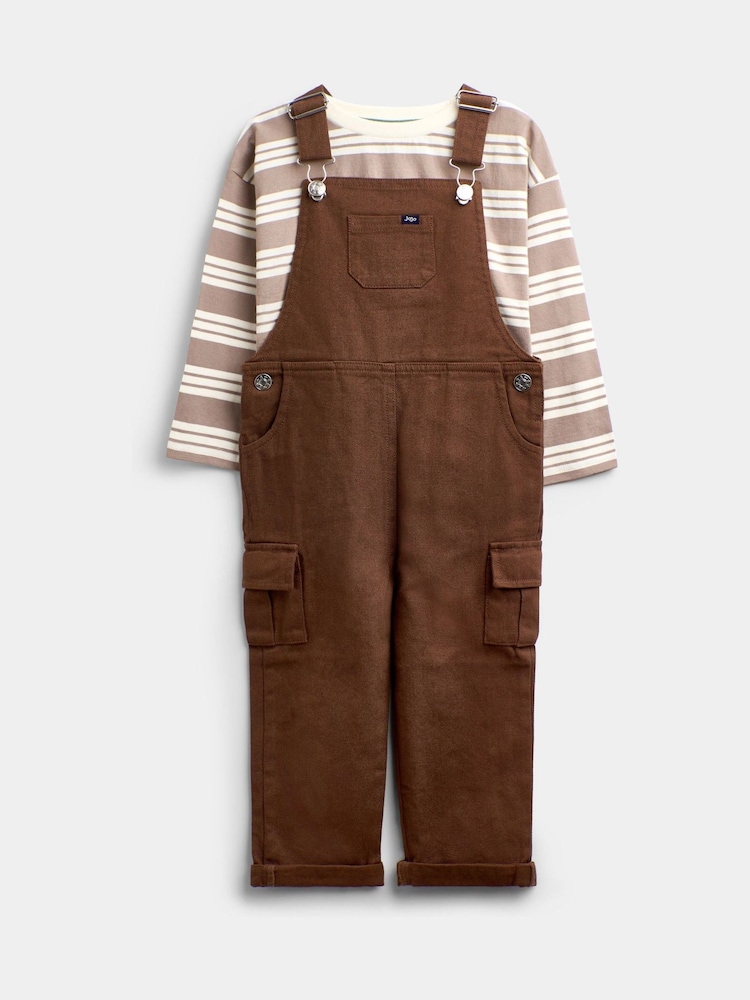 JoJo Maman Bébé Brown Stripe Top & Twill Dungaree Set - Image 1 of 5