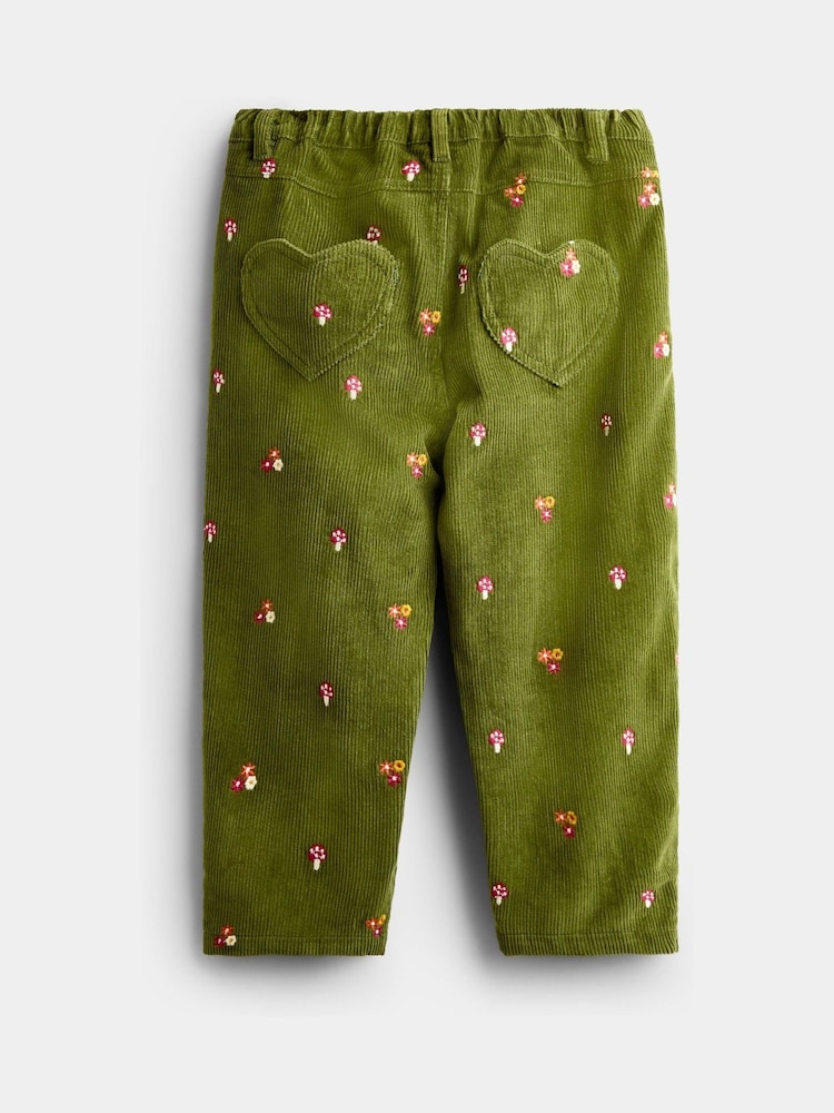 JoJo Maman Bébé Khaki Green Toadstool Embroidered Cord Trousers - Image 2 of 4 JoJo Maman Bébé Khaki Green Toadstool Embroidered Cord Trousers - Image 2 of 4