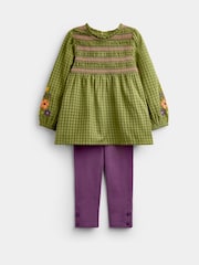 JoJo Maman Bébé Khaki Green Floral Embroidered Smocked Blouse & Legging Set - Image 1 of 6