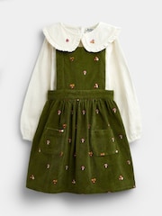 JoJo Maman Bébé Khaki Green Woodland Embroidered Cord Pinafore & Blouse Set - Image 1 of 7
