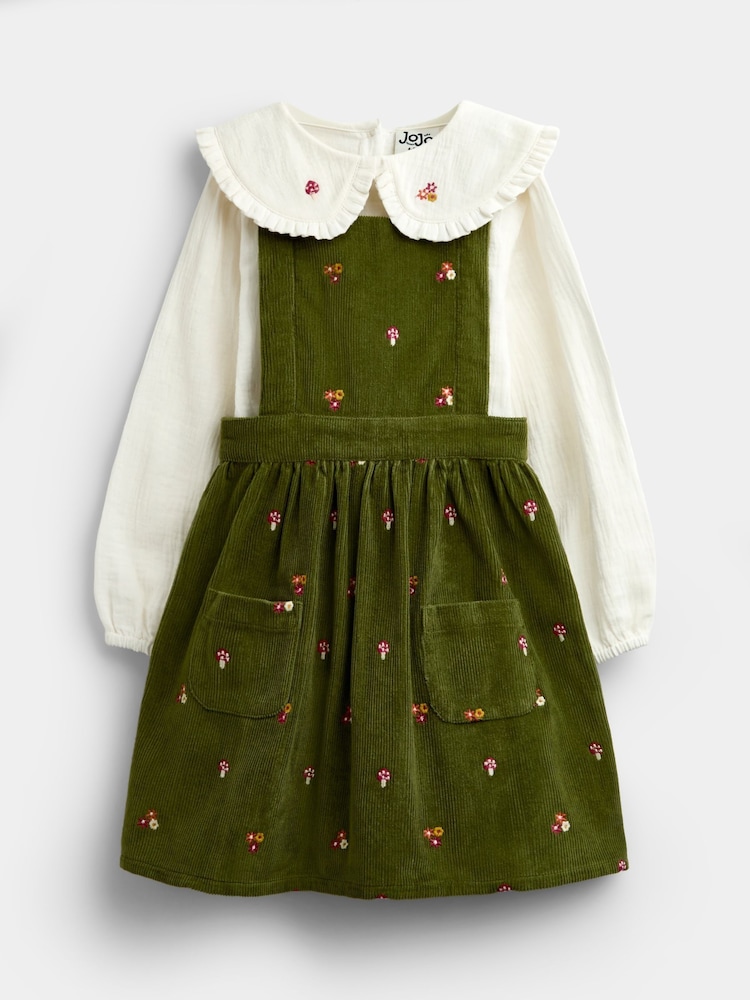 JoJo Maman Bébé Khaki Green Woodland Embroidered Cord Pinafore & Blouse Set - Image 1 of 7 JoJo Maman Bébé Khaki Green Woodland Embroidered Cord Pinafore & Blouse Set - Image 1 of 7