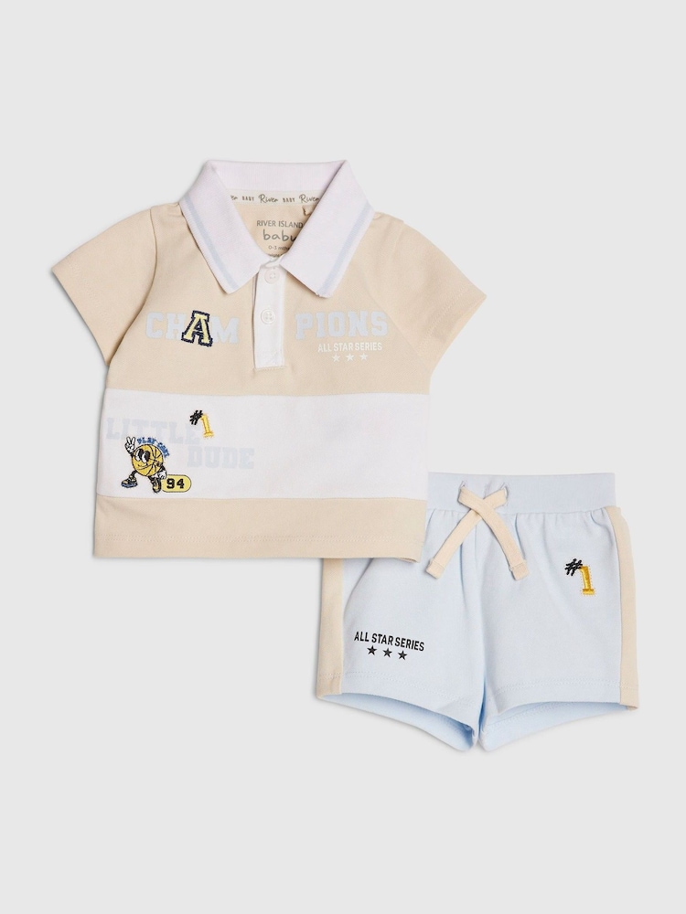 River Island Blue Basketball Polo Shirt & Short Set - Image 1 of 5 River Island Blue Basketball Polo Shirt & Short Set - Image 1 of 5