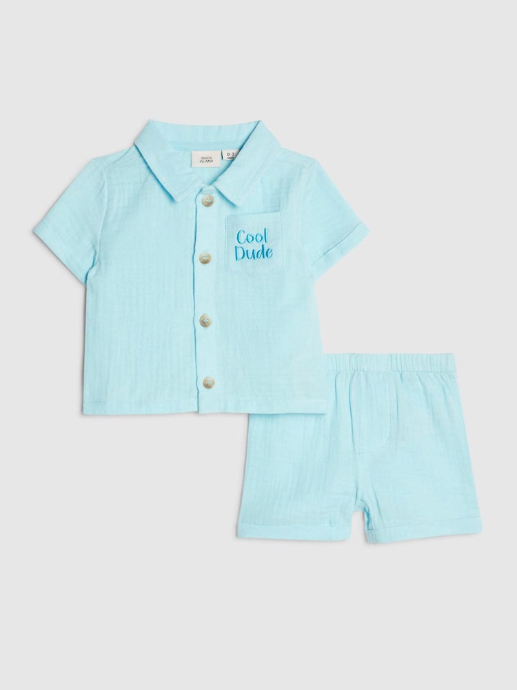 River Island Blue Cool Dude Cheesecloth Shirt & Short Set - Image 1 of 5