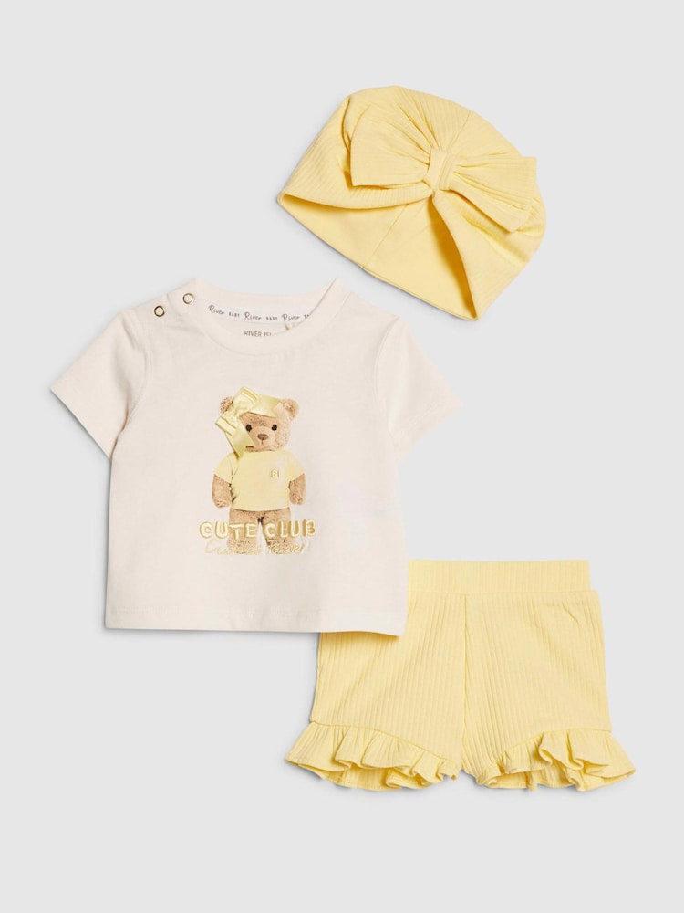 River Island Yellow Cute Bear Top & Shorts 3 Piece Set - Image 1 of 4