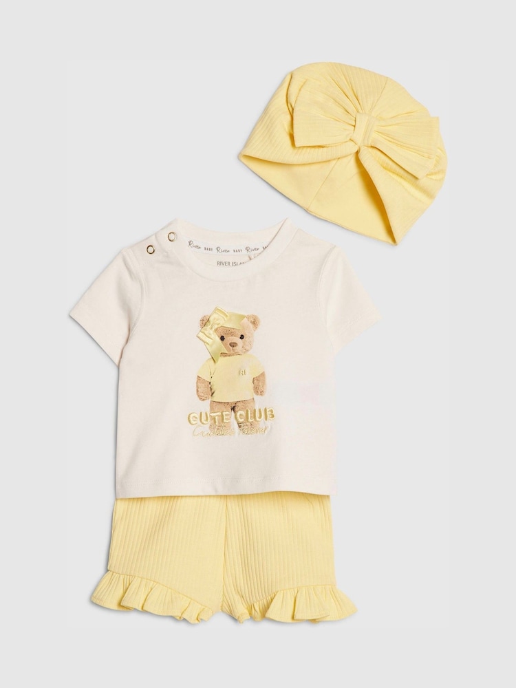 River Island Yellow Cute Bear Top & Shorts 3 Piece Set - Image 2 of 4