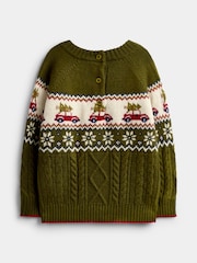 JoJo Maman Bébé Green Christmas Car Fairisle Jumper - Image 3 of 6