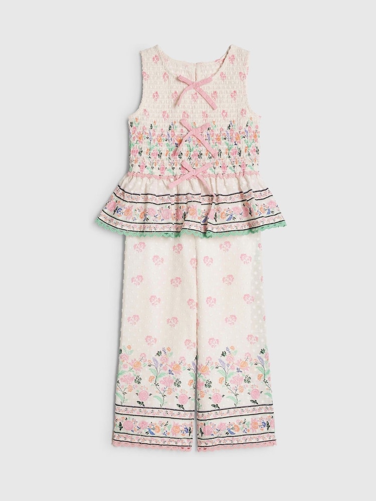 River Island Cream Cabbages & Roses Smock Frill Top & Trousers Set - Image 2 of 5