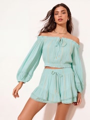 Lipsy Mint Green Metallic Sparkle Ladder Trim Crinkle Beach Cover Up Mini Skort - Image 1 of 4