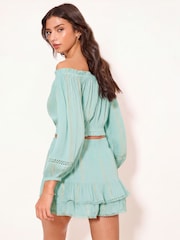 Lipsy Mint Green Metallic Sparkle Ladder Trim Crinkle Beach Cover Up Mini Skort - Image 4 of 4