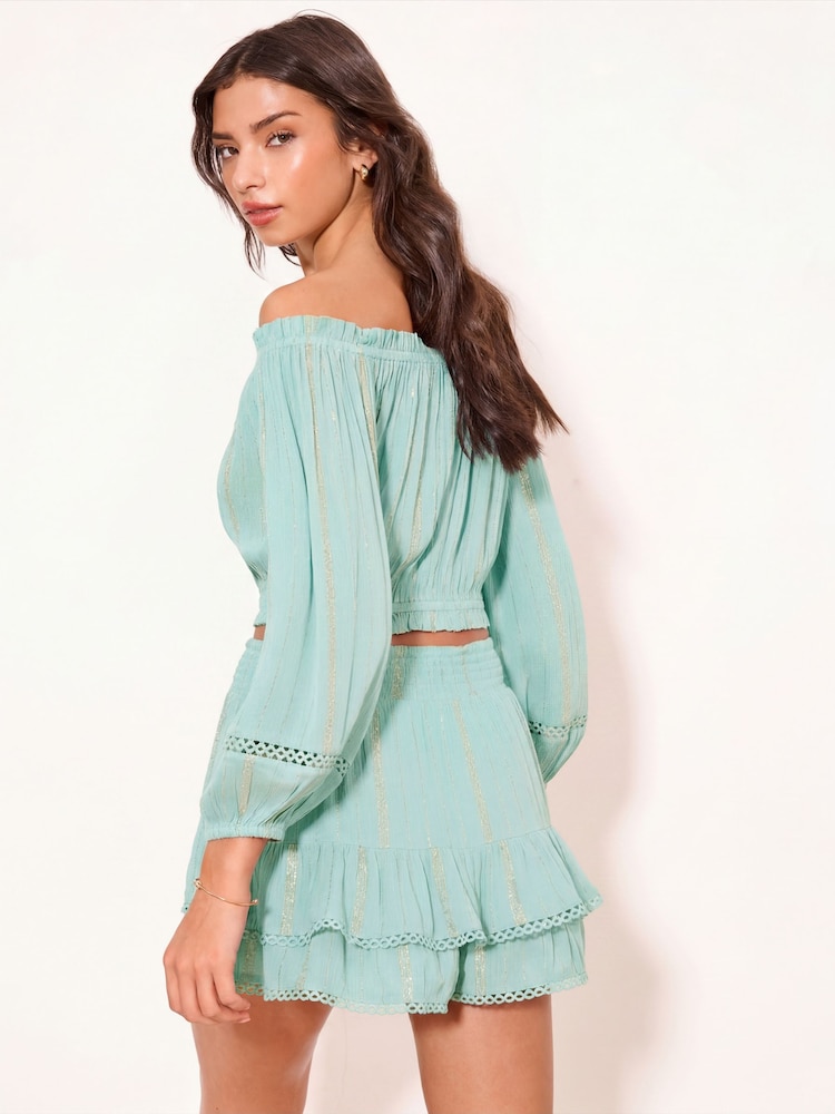 Lipsy Mint Green Metallic Sparkle Ladder Trim Crinkle Beach Cover Up Mini Skort - Image 4 of 4 Lipsy Mint Green Metallic Sparkle Ladder Trim Crinkle Beach Cover Up Mini Skort - Image 4 of 4