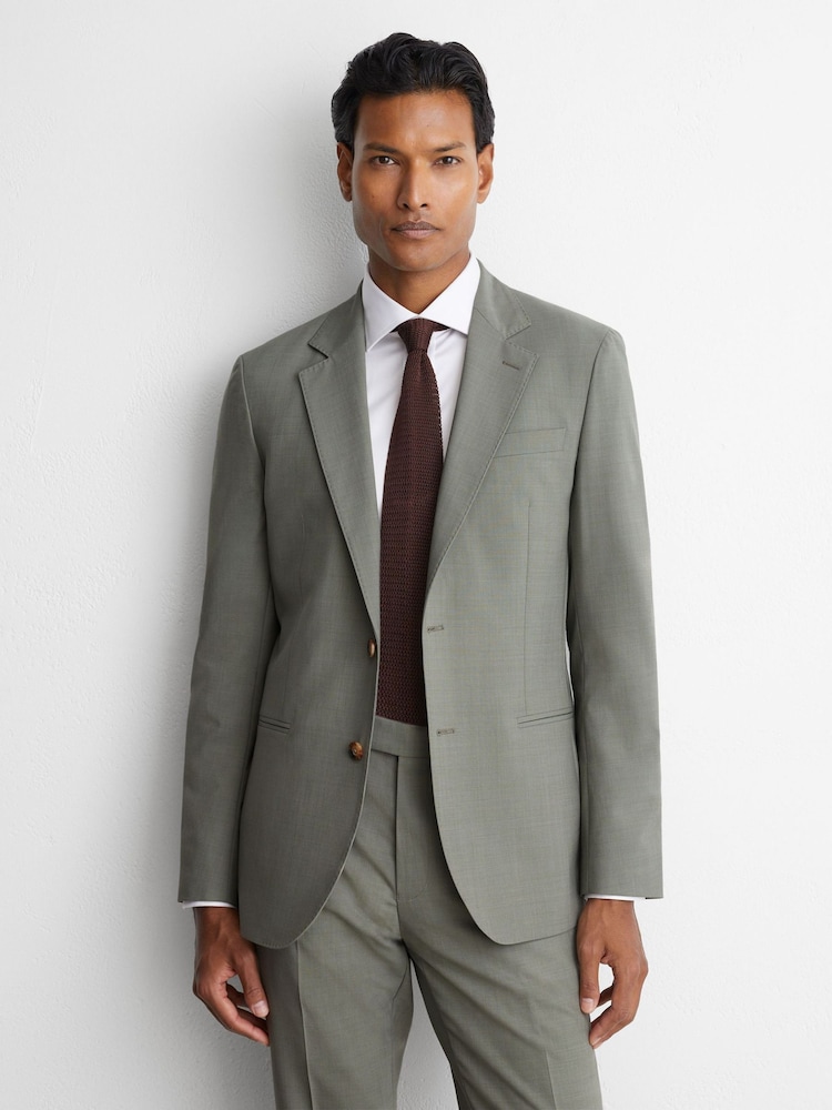 Reiss Sage Green Grain Tailored Fit Wool-Blend Single-Breasted Suit Blazer - Image 1 of 10 Reiss Sage Green Grain Tailored Fit Wool-Blend Single-Breasted Suit Blazer - Image 1 of 10