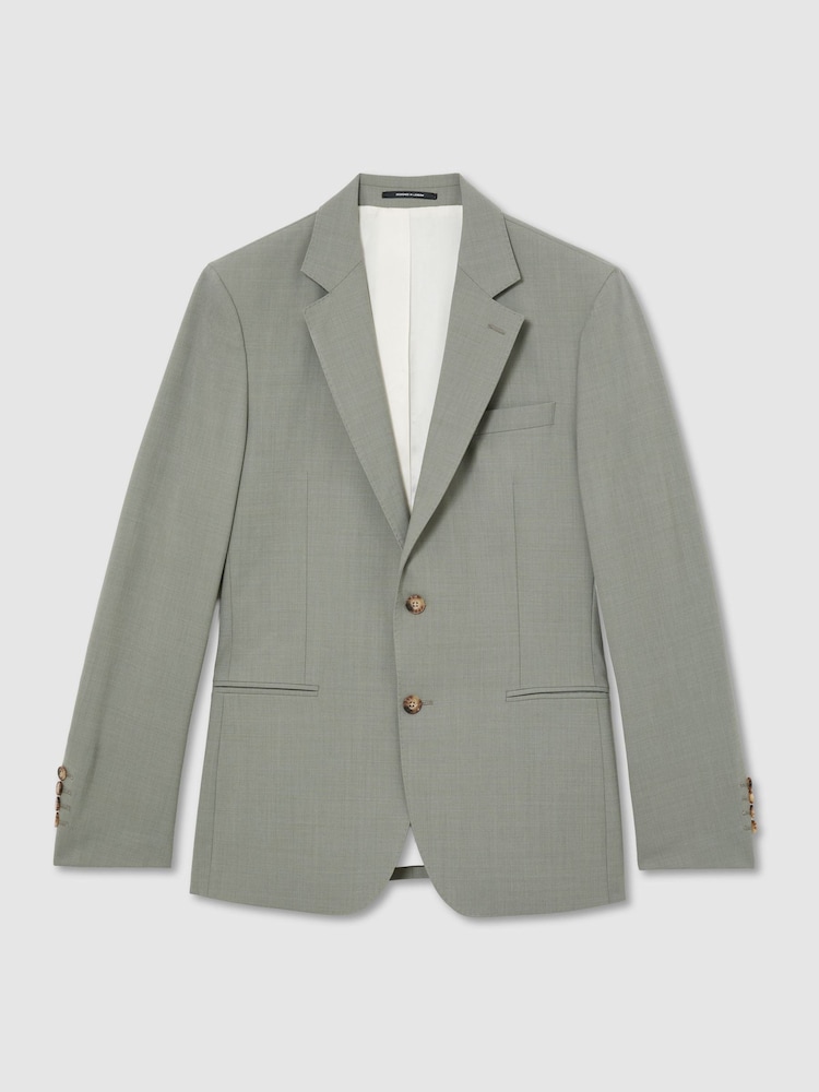 Reiss Sage Green Grain Tailored Fit Wool-Blend Single-Breasted Suit Blazer - Image 2 of 10 Reiss Sage Green Grain Tailored Fit Wool-Blend Single-Breasted Suit Blazer - Image 2 of 10