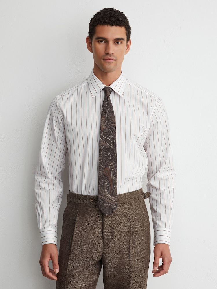 Reiss White/Brown Stripe Titan Cotton Pinstripe Spread-Collar Shirt Regular-Fit - Image 1 of 7 Reiss White/Brown Stripe Titan Cotton Pinstripe Spread-Collar Shirt Regular-Fit - Image 1 of 7