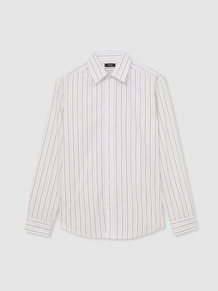 Reiss White/Brown Stripe Titan Cotton Pinstripe Spread-Collar Shirt Regular-Fit - Image 2 of 7 Reiss White/Brown Stripe Titan Cotton Pinstripe Spread-Collar Shirt Regular-Fit - Image 2 of 7