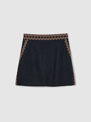 Reiss Navy/Brown Mila Linen Wave-Trim Mini Skirt - Image 2 of 8