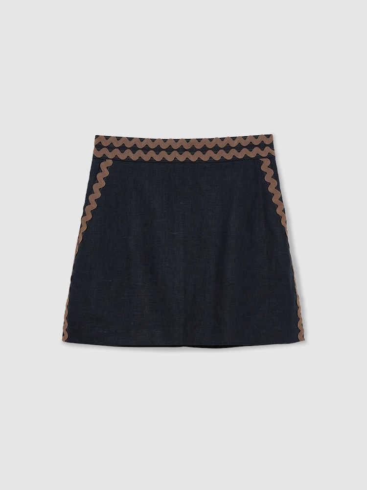 Reiss Navy/Brown Mila Linen Wave-Trim Mini Skirt - Image 2 of 8 Reiss Navy/Brown Mila Linen Wave-Trim Mini Skirt - Image 2 of 8