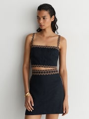 Reiss Navy/Brown Mila Linen Wave-Trim Mini Skirt - Image 4 of 8