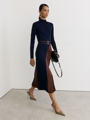 Reiss Navy/Camel Misty Knitted Satin-Panel Belted Midi Dress - Image 1 of 7