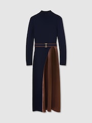 Reiss Navy/Camel Misty Knitted Satin-Panel Belted Midi Dress - Image 2 of 7