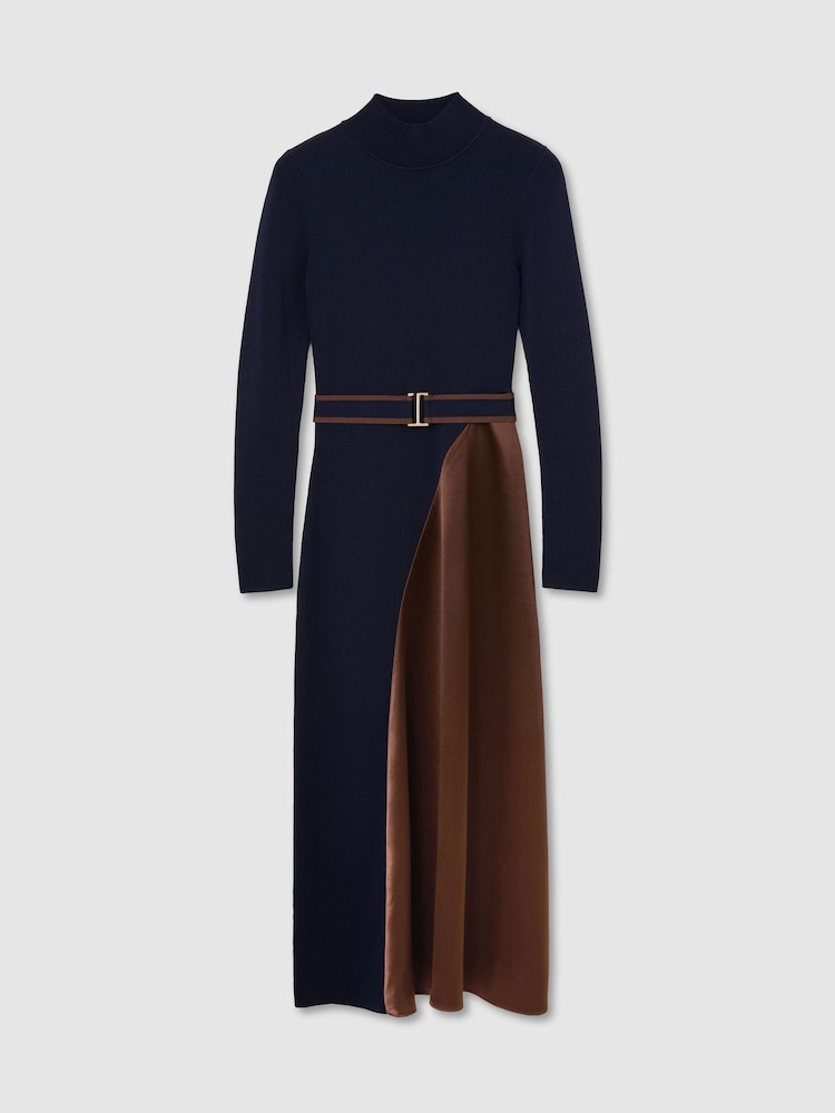 Reiss Navy/Camel Misty Knitted Satin-Panel Belted Midi Dress - Image 2 of 7