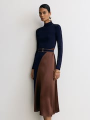 Reiss Navy/Camel Misty Knitted Satin-Panel Belted Midi Dress - Image 3 of 7
