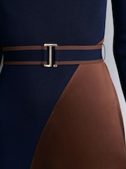 Reiss Navy/Camel Misty Knitted Satin-Panel Belted Midi Dress - Image 4 of 7