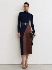 Reiss Navy/Camel Misty Knitted Satin-Panel Belted Midi Dress - Image 5 of 7