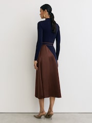 Reiss Navy/Camel Misty Knitted Satin-Panel Belted Midi Dress - Image 6 of 7