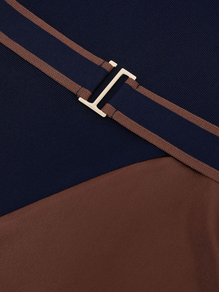 Reiss Navy/Camel Misty Knitted Satin-Panel Belted Midi Dress - Image 7 of 7