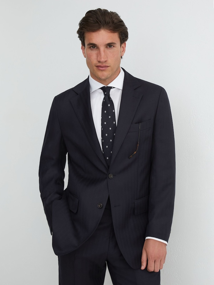 Reiss Navy Success Classic Fit Wool Single-Breasted Shadow-Stripe Suit Blazer - Image 1 of 10