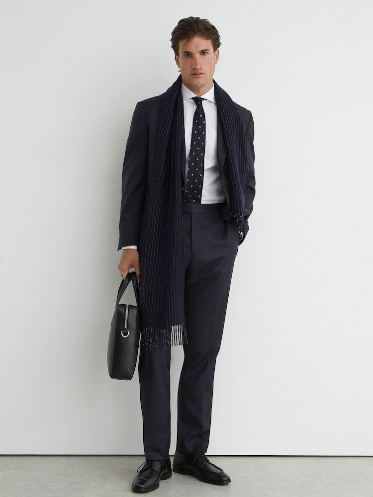 Reiss Navy Success Classic Fit Wool Shadow-Stripe Suit Trousers - Image 1 of 7 Reiss Navy Success Classic Fit Wool Shadow-Stripe Suit Trousers - Image 1 of 7