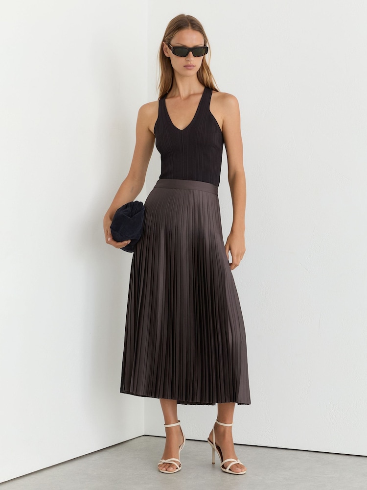 Reiss Mauve Savannah Petite Satin Pleated Midi Skirt - Image 1 of 6