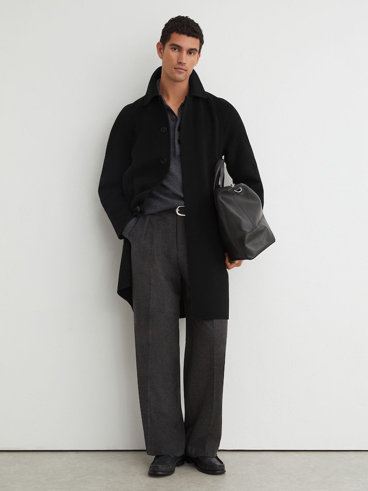 Reiss Black Mccullough Wool-Blend Single-Breasted Raglan Overcoat - Image 1 of 7 Reiss Black Mccullough Wool-Blend Single-Breasted Raglan Overcoat - Image 1 of 7