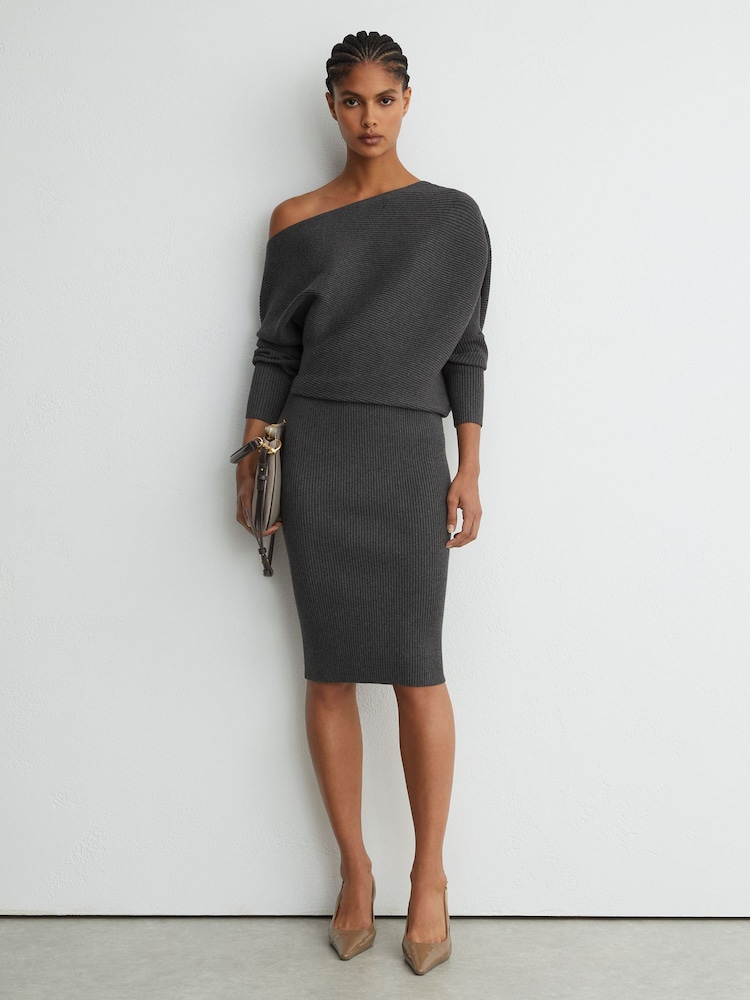 Reiss Charcoal Grey Lara Off-The-Shoulder Ribbed Midi Dress - Image 1 of 6 Reiss Charcoal Grey Lara Off-The-Shoulder Ribbed Midi Dress - Image 1 of 6