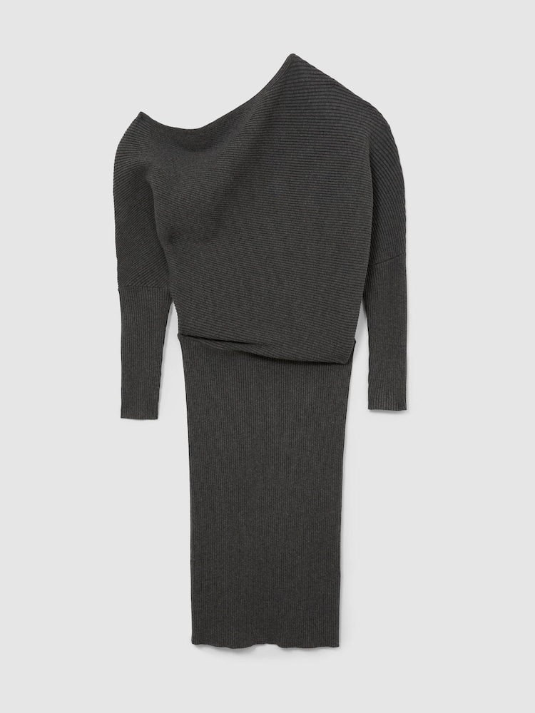 Reiss Charcoal Grey Lara Off-The-Shoulder Ribbed Midi Dress - Image 2 of 6 Reiss Charcoal Grey Lara Off-The-Shoulder Ribbed Midi Dress - Image 2 of 6