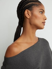 Reiss Charcoal Grey Lara Off-The-Shoulder Ribbed Midi Dress - Image 3 of 6