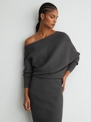 Reiss Charcoal Grey Lara Off-The-Shoulder Ribbed Midi Dress - Image 4 of 6