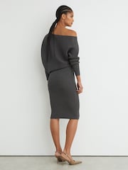 Reiss Charcoal Grey Lara Off-The-Shoulder Ribbed Midi Dress - Image 5 of 6