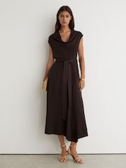 Reiss Grape Burgundy Justine Cowl-Neck Tie-Waist Midi Dress - Image 1 of 8