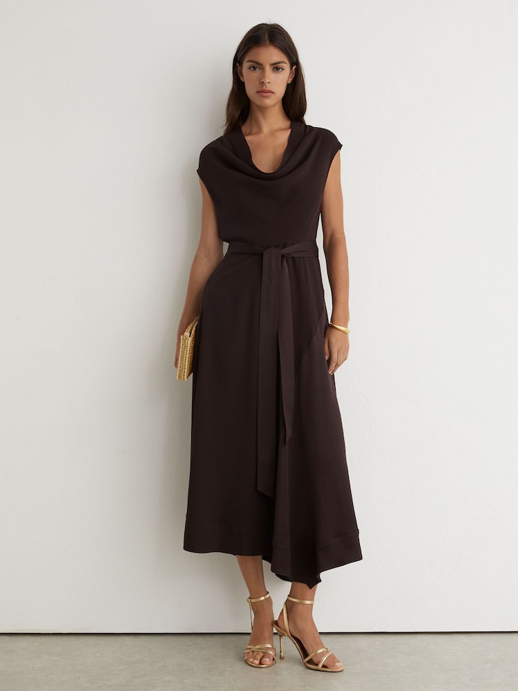 Reiss Grape Burgundy Justine Cowl-Neck Tie-Waist Midi Dress - Image 1 of 8